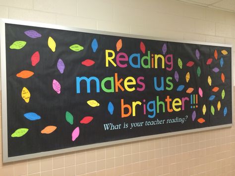 Bright Ideas Bulletin Board, Reading Makes You Bright Bulletin Board, Lightbulb Theme Bulletin Board, Read The Rainbow Bulletin Board, Reading Makes You Bright, Reading Intervention Bulletin Boards, Warm Up With A Good Book Bulletin Board, Reading Rainbow Bulletin Board, Literacy Bulletin Board Ideas