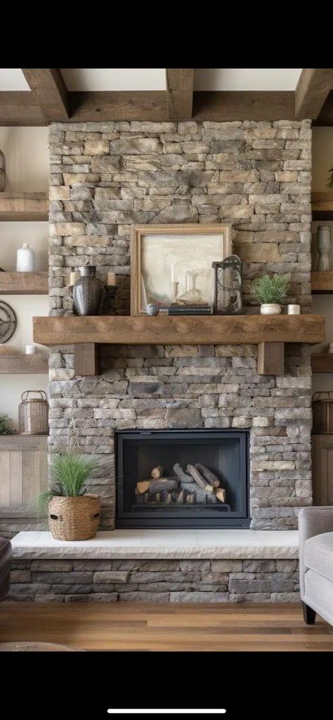 Style A Fireplace, Modern Farmhouse Fireplace Ideas, Fireplace With Built Ins, Farmhouse Fireplace Ideas, Modern Farmhouse Fireplace, Rustic Stone Fireplace, Farmhouse Fireplace Decor, Brick Fireplace Makeover, Fireplace Built Ins