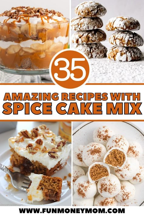 These Spice Cake Mix Recipes feature a mouth-watering variety of delicious desserts with the perfect hint of warm spices. From moist and tender apple cakes to fluffy, frosted, pumpkin cupcakes, these easy-to-make fall desserts taste just like homemade! Box Spice Cake Recipes Ideas, Pumpkin Spice Cake Mix Dessert, Pumpkin Apple Spice Cake, Things To Make With Spice Cake, Spice Cake Mix Desserts Easy, Spice Cake Pops Recipe, Spice Box Cake Mix Hacks, What To Make With Box Spice Cake, Fall Box Cake Recipes