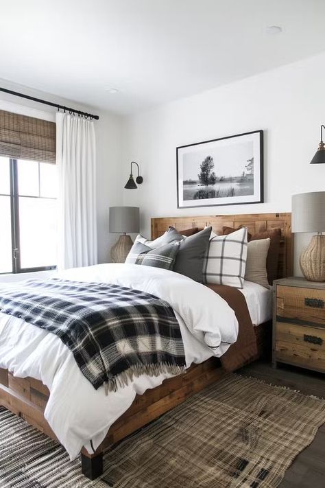 Masculine Farmhouse Bedroom, Cozy Masculine Bedroom, Wood Modern Bedroom, Earth Tones Bedroom Decor, Young Mans Bedroom, Masculine Home Decor, Modern Rustic Bedroom, Men’s Bedroom Ideas, Male Bedroom Ideas