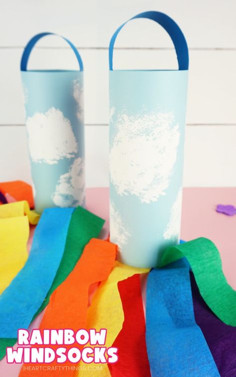 Rainbow Windsocks Craft - I Heart Crafty Things Easy Spring Kids Crafts, Windsock Craft Preschool, March Winds Crafts Kids, Wind Socks Diy Craft Ideas, Windy Crafts For Preschoolers, Rainboot Craft, Wind Socks For Kids Crafts, Wind Crafts For Kids, Windsocks For Kids Crafts