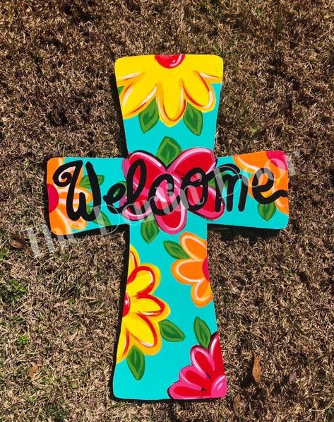 Painted Wooden Crosses Diy, Scrapwood Ideas, Painted Wooden Crosses Ideas, Cross Door Hangers Wooden, Hand Painted Crosses On Canvas, Painted Cross Door Hanger, Floral Cross Door Hanger, Cross Painting, Hand Painted Crosses