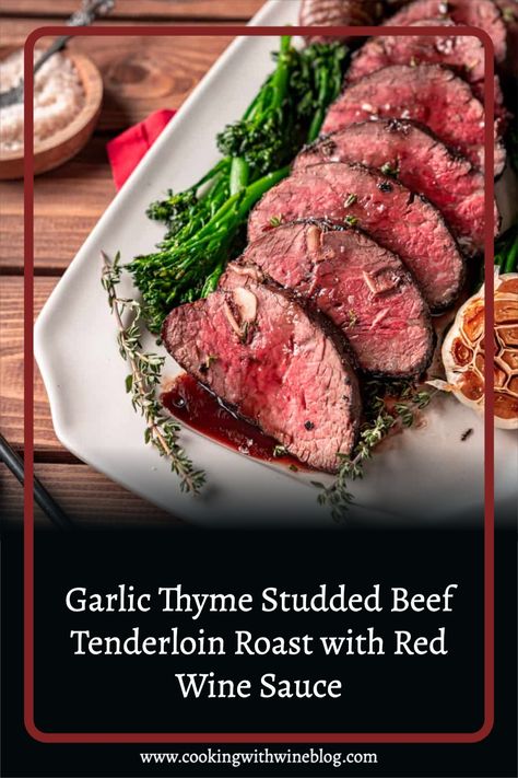 This holiday season, impress your guests and create unforgettable memories with our Garlic Thyme Studded Beef Tenderloin Roast with Red Wine Sauce. The perfect centerpiece for an elegant Christmas dinner, this tenderloin roast is seasoned with garlic and thyme and bathed in a rich red wine sauce. Don't miss out on the opportunity to serve a dish that'll leave everyone raving - visit the blog for the full recipe! Tenderloin With Red Wine Sauce, Roast With Red Wine, Italian Christmas Dinner, Elegant Christmas Dinner, Holiday Roast, Dreamy Christmas, Beef Tenderloin Roast, Holiday Roasts, Tenderloin Roast