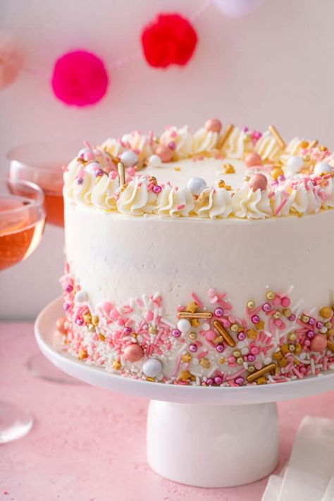 Pastel Pink Birthday Cake, Pink Champagne Birthday Theme, Pink And Gold Sheet Cake, Sweet One Cake, Celebration Cake, Pretty Pink Cake, Girly Birthday Cake, Pink Sprinkle Cake, Pink And Gold Birthday Cake