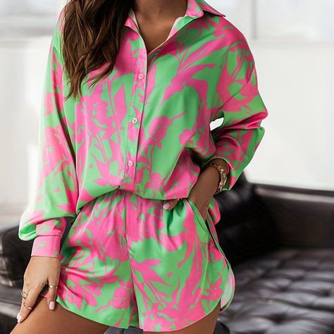 All Over Print Multicolor Polyester Tropical Fabric Prints, Dress Idea, Lounge Outfit, Weave Style, Turndown Collar, Vacation Style, Collar Top, Short Suit, Sleeves Pattern