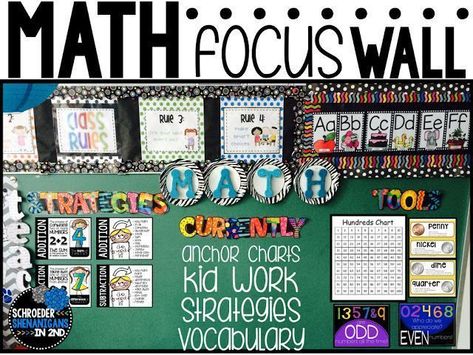 A simple way, yet functional way to organize and display your math focus wall in your classroom  by strategies, what you're currently teaching which is where you can add anchor charts and vocabulary from the week, and a section for you to hang tools that Math Focus Walls, Math Wall, Math Anchor Charts, Focus Wall, Math Education, Math Journals, Math Notebooks, Math Fractions, Ten Frames