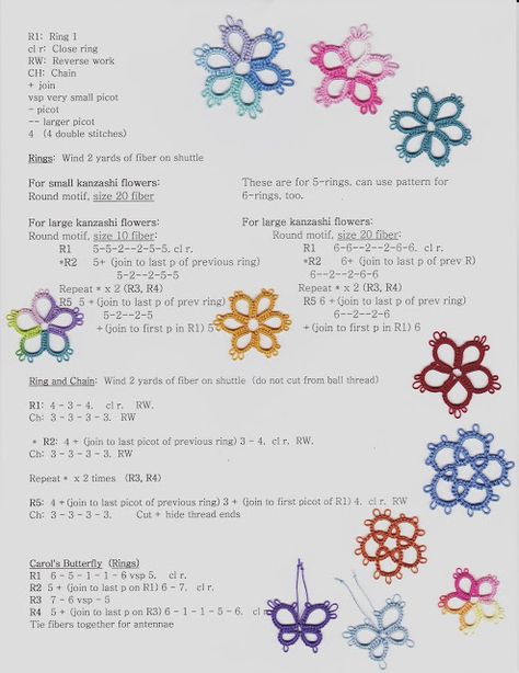 My patterns.   Freebie for tatters.  For Kanzashi flower centers AND my butterfly pattern Bookmarks Flowers, Needle Tatting Tutorial, Crochet Butterflies, Tatting Patterns Free, Needle Tatting Patterns, Shuttle Tatting Patterns, Tatting Earrings, Tatting Tutorial, Tatting Jewelry