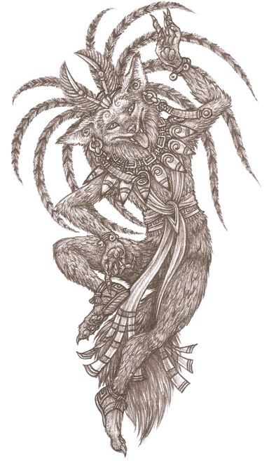 Huehuecoyotl, the Aztec god of music, song and dance Assassin Design, Aztec Goddess, Coyote Animal, Mexican Folklore, World Mythology, Aztec Culture, One Point Perspective, Legends And Myths, Point Perspective