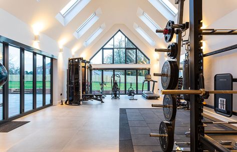 Broadoaks-Project-Steps-Gym Barndominium Gym Ideas, Detached Garage With Gym, Large Home Gym Ideas, Barndominium Home Gym, Huge Home Gym, Personal Gym Ideas, Home Gym Separate Building, Modern Farmhouse Gym, Detached Home Gym