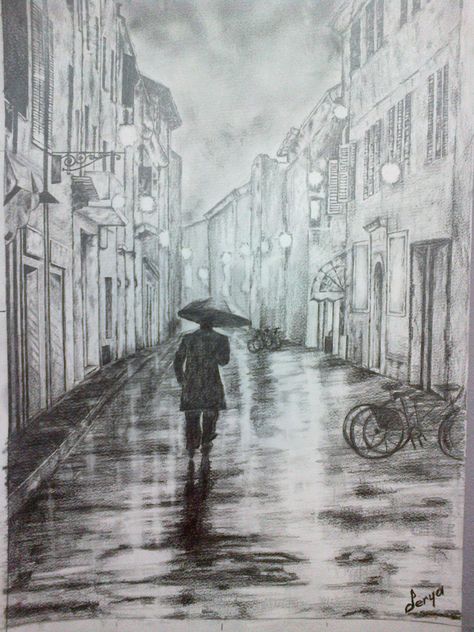 #Rainy day #street #charcoal drawing Scenes Illustration, Drawing Rain, Rain Drawing, Rainy Day Drawing, Pencil Arts, Village Drawing, Cool Pencil Drawings, City Drawing, Drawing Wallpaper