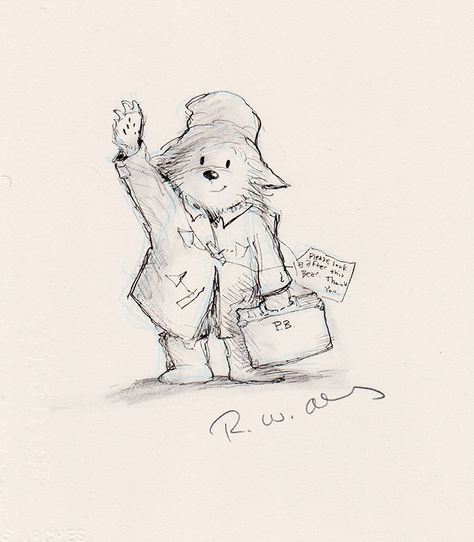 Disney Bear Drawing, Paddington Bear Sketch, Paddington Bear Tattoo Ideas, Paddington Sketch, Stuffed Bear Drawing, Paddington Bear Tattoo, Paddington Drawing, Paddington Tattoo, Cute Colored Pencil Drawings