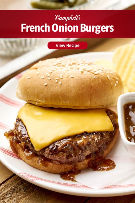 French Onion Hamburgers, Onion Soup Hamburger Recipe, French Onion Soup Burger Recipe, French Onion Soup Burger, French Onion Burgers, French Onion Burger, Campbell's Recipes, Onion Burgers, Beef Appetizers