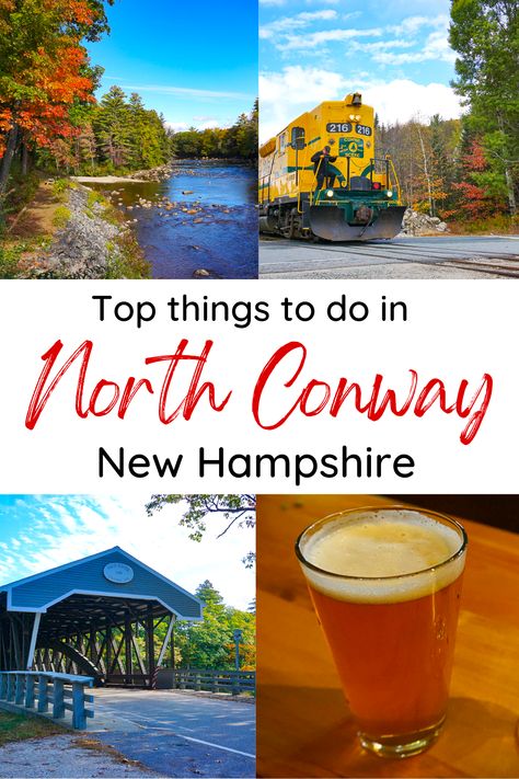 North Conway, New Hampshire is one of the top places to visit in New England, especially in the Fall. From driving the Kangamagus Highway, riding the train along the Conway Scenic Railroad to hiking and visiting breweries, there are many fun things to do in North Conway, NH. Use this guide to plan the perfect Fall weekend in North Conway, NH. #NorthConway #New Hampshire #NH #NewEngland #Fall #Falltravel #USA Conway New Hampshire Fall, North Conway New Hampshire Fall, Things To Do In North Conway Nh, North Conway New Hampshire Winter, North Conway New Hampshire, Conway New Hampshire, North Conway Nh, Concord New Hampshire, Vacation 2023