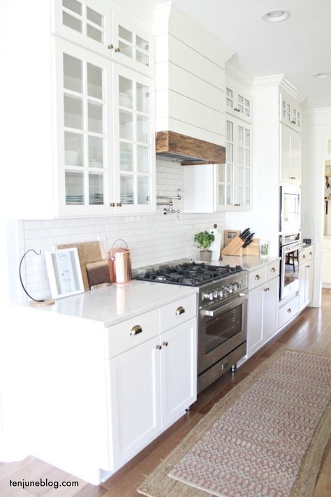 Ten June: Our Farmhouse Kitchen: A Lived In Tour Luxury Farmhouse Kitchen, Shiplap Kitchen, Kitchen Hood Design, Kitchen Vent Hood, Kitchen Vent, Kitchen Range Hood, Rustic Kitchen Design, Farmhouse Kitchen Design, Cabinets Diy