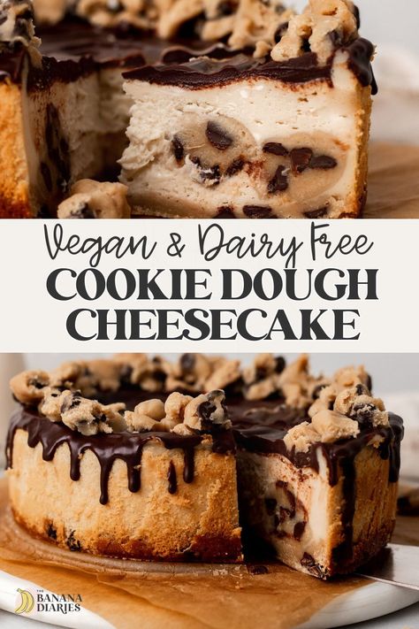 This creamy and rich vegan cookie dough cheesecake has a baked chocolate chip cookie crust and loads of vegan cookie dough folded throughout a silky vanilla bean cheesecake batter. Naturally dairy free, NO eggs, and easily gluten free too! The ultimate cookie lover’s dessert! Chocolate Chip Cookie Crust, Cheesecake Gluten Free, Cookie Dough Cheesecake, Vanilla Bean Cheesecake, Vegan Cookie, Vegan Baking Recipes, Vegan Cookie Dough, Vegan Christmas Recipes, Gluten Free Cheesecake