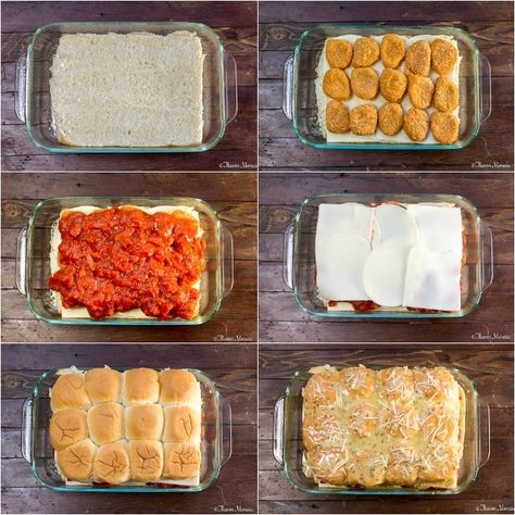 Chicken Nuggets Meal Ideas, Chicken Nugget Sliders, Hawaiian Sandwiches, Parmesan Sliders, Baked Chicken Parm, Party Sliders, Chicken Parmesan Sliders, Sliders Recipes Chicken, Ravioli Casserole