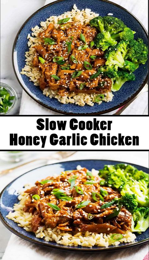 Slow Cooker Honey Garlic Chicken - Its sweet, sticky sauce has all of the allure of your favorite takeout but is made of healthy, natural ingredients. #chicken #slowcooker #crockpot #honeygarlic #savorysweet Easy Healthy Crockpot, Slow Cooker Honey Garlic Chicken, Lasagna Dinner, I Heart Naptime Recipes, Garlic Chicken Thighs, Asian Steak, Honey Garlic Chicken Thighs, Crockpot Chicken Thighs, Vegan Crockpot Recipes