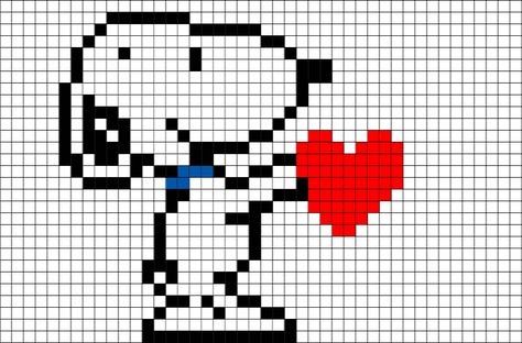 The 8bit Snoopy is Charlie Brown's pet beagle in the comic strip Peanuts by Charles M. Schulz. Snoopy Bead Pattern, Snoopy Perler Bead Pattern, Snoopy Crochet Pattern, Snoopy Perler Beads, Heart Perler Beads, Snoopy Perler, Beaded Snoopy, Snoopy Pattern, Snoopy Heart