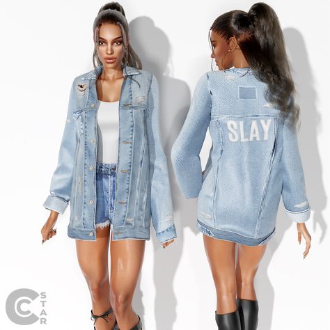 Denim Outfit with Jacket, Top and Shorts - The Sims 4 Create a Sim - CurseForge Sims 4 Cc Clothes Female Jacket, Denim Jacket Sims 4 Cc, Sims 4 Cc Jacket Female, Sims 4 Female Jacket, Sims 4 Jean Jacket Cc, Sims 4 Cc Blue Clothes, Sims 4 Jean Jacket, Jackets Sims 4 Cc, Sims 4 Jacket Accessory Cc