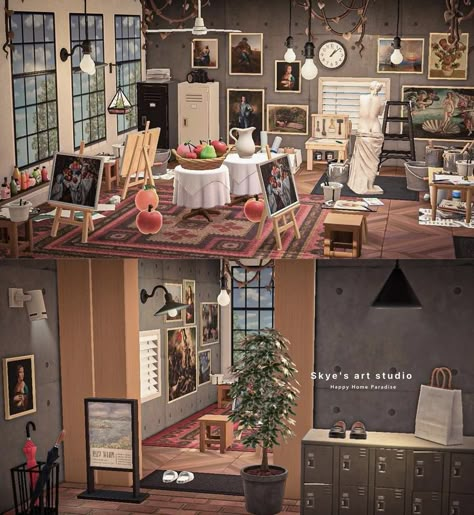 Art Studio Room, Happy Home Designer, Animal Crossing Characters, Home Ac, New Animal Crossing, Studio Room, Animal Crossing Game, Painting Studio, Happy Animals