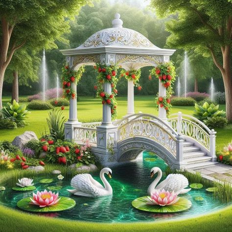 Keep your face always towards the sunshine, and shadows will fall behind you. . . . #Ai #artgallery #digitalart #water #gazebo #swans #nature #spring2024 #beautifulseason #beautifulscenery #beauty #magical #imaginary #Imagination #creative #creativeart #pond #lilypad #flowers #strawberry #Enchanted #garden Gazebo Art, Mini Stage, Paris History, Colorful Landscape Paintings, Baby Backdrop, Garden Waterfall, Family Vacations For Adults, Abstract Art Painting Techniques, Garden Illustration