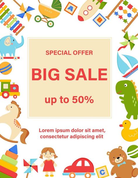 Toys sale poster. Frame of toys on white background. Advertising poster, flyer, promo for toy shop, store. Background Advertising, Sale Graphic, Store Poster, Shop Logo Design, Commercial Art, Toy Shop, Sale Banner, Event Poster, Post Ideas