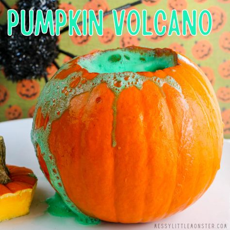 pumpkin volcano Volcano Pumpkin, Pumpkin Volcano, Volcano Experiment For Kids, Fall Stem Activities, Rainbow Baking, Water Science Experiments, Volcano Experiment, Cousin Camp, Toddler Lessons