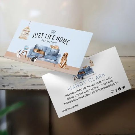 Home Pet Sitting Watercolor Cozy Home Blue Couch Business Card Pet Sitting Business Cards, Dog Walking Business Cards, Couch Cozy, Comfy Cozy Home, Kraft Business Cards, Pet Care Business, Black And White Rabbit, Pet Sitting Business, Dog Walking Business