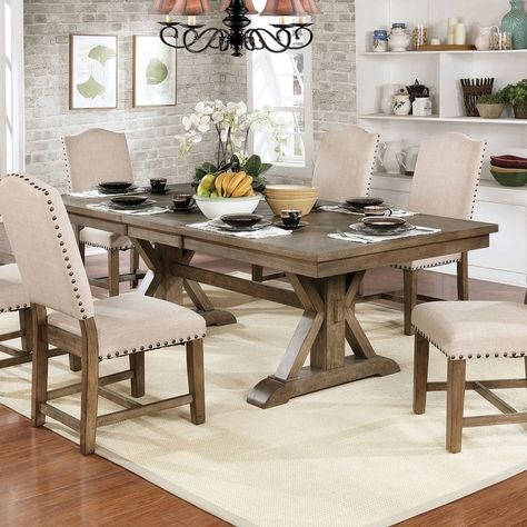 Furniture of America Dice Rustic Oak 90-inch Expandable Dining Table - Bed Bath & Beyond - 19826045 Light Oak Dining Table, Farmhouse Style Dining Room, Beautiful Valley, Farmhouse Dining Room Table, Support Beam, Set Meja Makan, Solid Wood Dining Set, Expandable Dining Table, Trestle Dining Tables