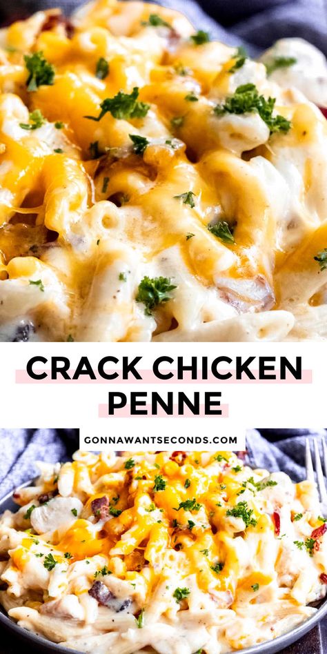 *NEW* My crack chicken penne recipe is a comforting dish that combines chicken, pasta, and crispy bacon with a super creamy, cheesy sauce. #crackchicken #chickenpenne Make Ahead Dinner Casseroles, Light Meals For Summer, Country Dinner Recipes, Chicken Instapot Recipes, Chicken Penne Pasta Recipes, Dinner Iseas, Chicken Pasta Casserole Recipes, Cheap Chicken Dinners, Chicken Dinners Easy