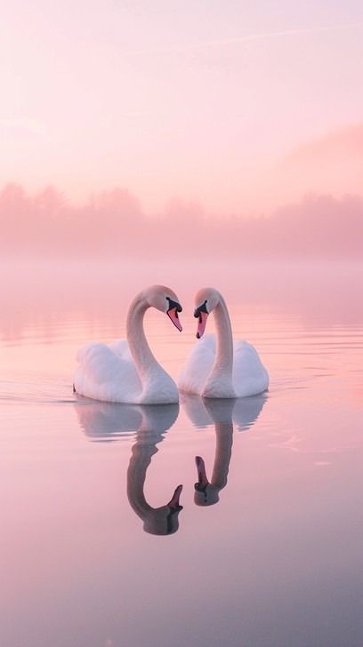 As the first light of dawn paints the sky in hues of pink and purple, a serene lake mirrors the awakening sky with perfect clarity. Two graceful swans glide across the calm waters, their curved necks forming a heart-shaped silhouette that epitomizes the beauty of nature's love. The peaceful environment, the gentle ripples in the water, and the swans' quiet companionship create an enchanting scene that inspires tranquility and romanticism in the observer's heart. Swans In Love, Swan Heart, Love Swans, Dawn Images, Swan Float, Swan Ballet, Two Swans, Pink Swan, Sky Lake