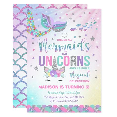 Mermaid Unicorn Birthday Invitation Magic Party #birthdayinvitations #birthday #1stbirthdayinvitations #quinceanerainvitations #birthdayinvitationstemplate #birthdayinvitationcard #disneybirthdayinvitations #zazzle #zazzleinvitation Mermaid Unicorn Birthday Party, Mermaid Birthday Party Invitations, Unicorn Party Invites, Rainbow Unicorn Party, Unicorn Birthday Invitation, Rainbow Birthday Invitations, Mermaid Unicorn, Unicorn Birthday Party Invitation, Magic Party