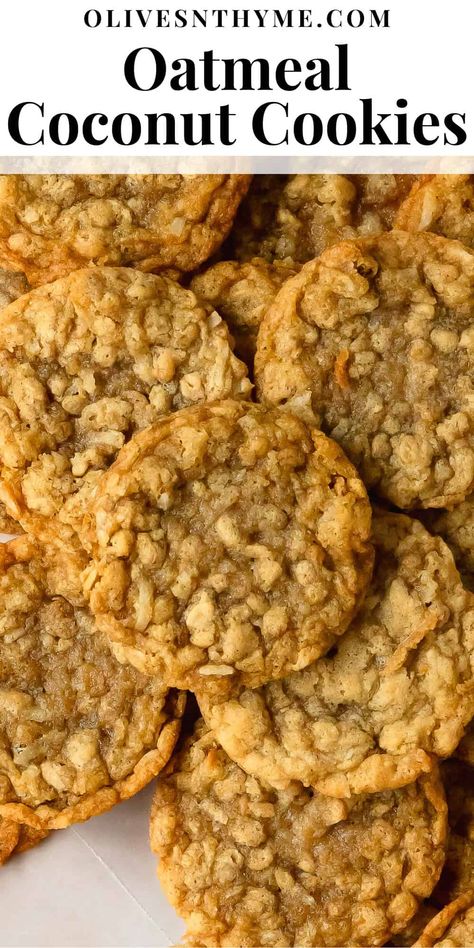 Oatmeal coconut cookies are classic soft and chewy oatmeal cookies with crisp edges, filled with shredded coconut. They're a delicious twist on a classic. Coconut Cream Cookies, Coconut Chewies, Oatmeal Cookies With Coconut, Coconut Oatmeal Cookies Recipes, Chewy Coconut Cookies, Soft And Chewy Oatmeal Cookies, Cookies Soft And Chewy, Coconut Recipes Dessert, Chewy Oatmeal Cookies