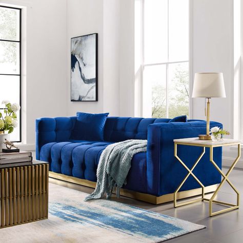 Blue And Gold Living Room, Blue Sofa Living, Blue Sofas Living Room, Velvet Sofa Living Room, Blue Sofas, Small Sectional Sofa, Chic Sofa, Blue Living Room Decor, Blue Couches