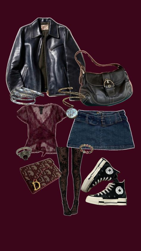 aesthetic vintage outfit inspiration including leather jacket, lace pieces and grunge 80s vibes Retro Outfit Aesthetics, Outfit Ideas Aesthetic Vintage Grunge, 89s Outfits, 90s City Fashion, French Grunge Aesthetic, Alt 90s Fashion, Cute Grunge Outfits Casual, 80s Inspired Outfits Grunge, Grunge Outfit 90s