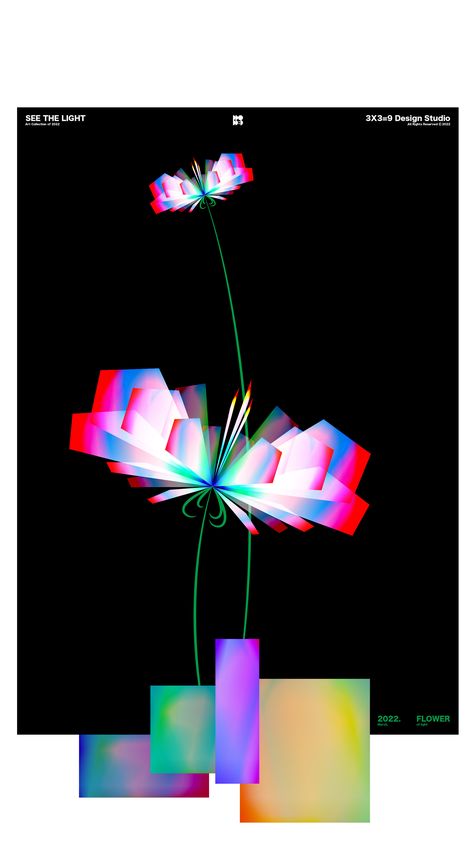 Poster Flowers Design, Poster Design Flower, Light Poster Design, Flower Poster Design, Light Graphic Design, Flowers Graphic Design, Lighting Illustration, Gradient Flower, 3d Gradient