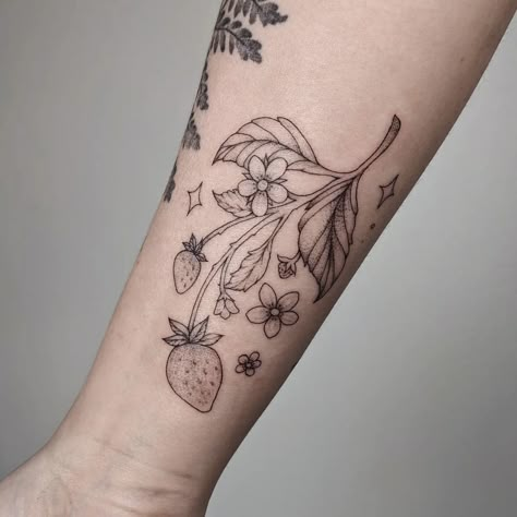 Strawberry Bush Tattoo, Strawberry Fields Tattoo, Bush Tattoo, June Tattoo, Strawberry Tattoos, Sorry Mom Tattoo, Filler Tattoos, Strawberry Bush, Strawberry Tattoo