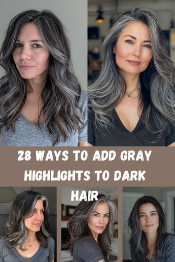 Embrace the growing trend of gray blends in dark hair with these 28 inspiring ideas. From subtle touches to bold contrasts, explore how to seamlessly incorporate gray tones into your locks. Growing Out Gray Hair From Dark Brown, Blending Gray With Black Hair, Partial Gray Highlights On Dark Hair, Asian Gray Hair Balayage, Blend Grays On Dark Hair, Good Hair Colors For Dark Skin, Grey Low Lights Hair Dark Brown, Dark Brown Hair With Grey Balayage, Gray Hair Asian Women