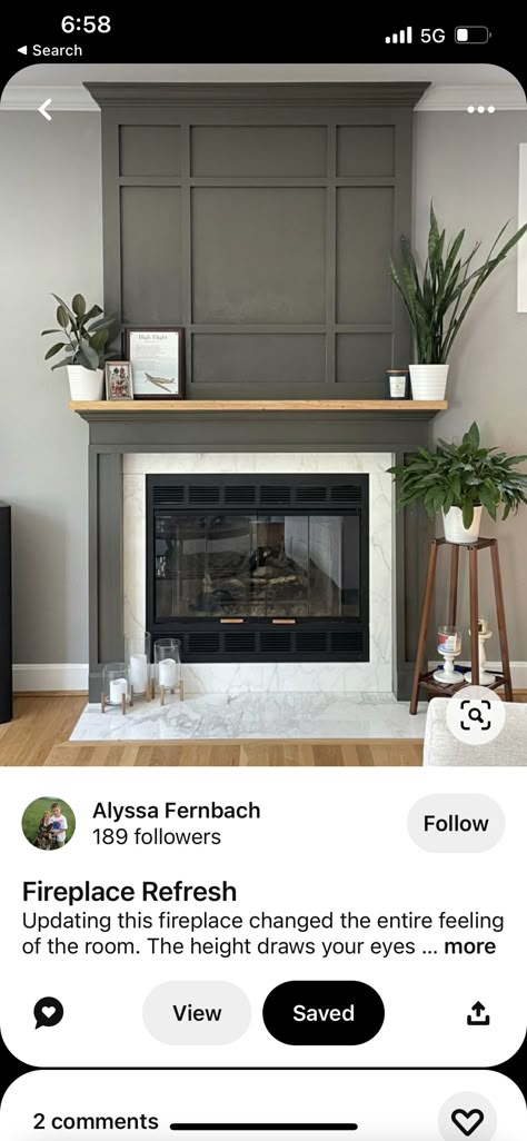 Wood Trim Around Fireplace, Fireplace With Trim To Ceiling, Fireplace Accent Color, Fireplace Tv Wall Traditional, Electric Fireplace With Accent Wall, Fireplace Mantle Color Ideas, Transitional Fireplace Makeover, Wooden Fireplace Makeover, Fireplace Molding Ideas