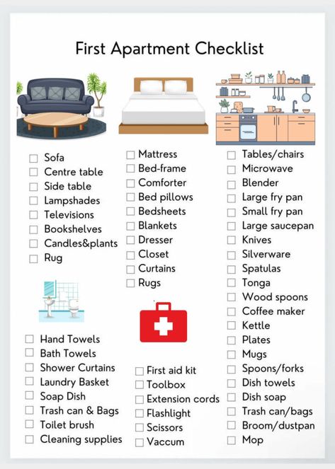 First Apartment Checklist On A Budget Student Apartment Decor On A Budget, Apartment List Moving Checklist, Moving Into First Apartment, Apartment Packing List, College Apartment Checklist, First Apartment Goals, Moving List, First College Apartment, Apartment List