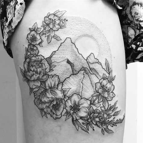 floral/greenery partial ring with mountains and trees in the background Mountains Tattoo, Greenery Background, Flower Tat, Mountain Tattoo Design, Tattoo Floral, Floral Greenery, Thigh Tattoos Women, Mountain Tattoo, Waves Tattoo