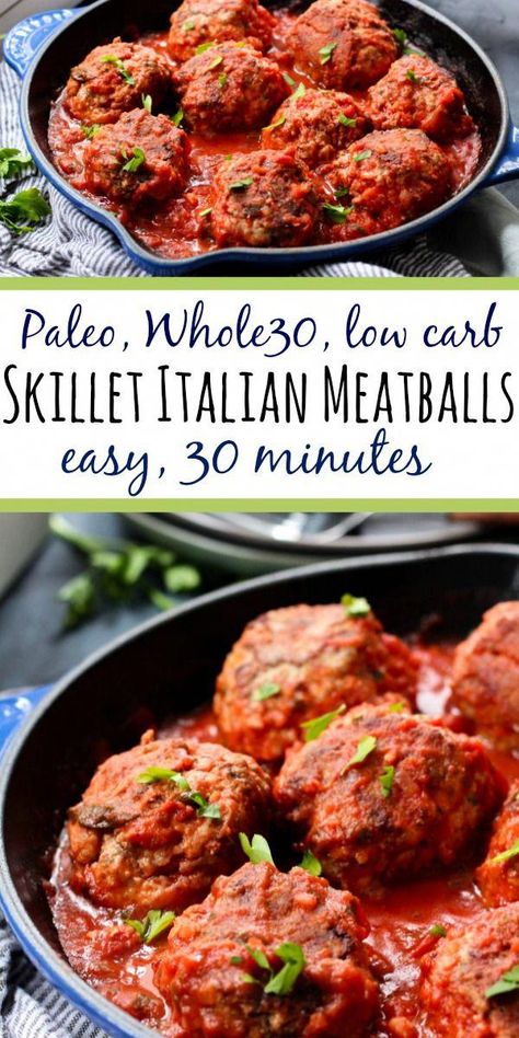 These Whole30 skillet meatballs are cooked up in one pan on the stovetop with the marinara, no oven needed! It's a quick and easy weeknight dinner or meal prep recipe that covers all your dietary bases, Whole30, Paleo, low carb, dairy-free, you name it. Just some good, flavorful Italian style meatballs. #whole30meatballs #whole30onepan #paleomeatballs #chickenrecipe Skillet Meatballs, Low Carb Menu, Whole 30 Meatballs, Recipes Budget, Budget Dinners, Budget Dinner, Paleo Menu, Italian Style Meatballs, Dinners Recipes