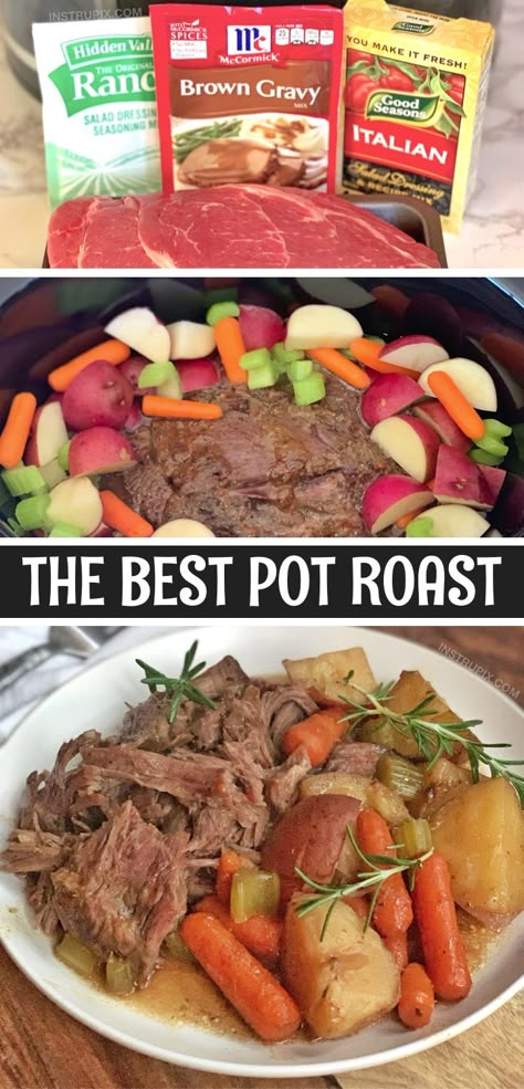 Looking for easy crockpot dinner recipes for the family? This simple pot roast is made with a rump roast, ranch seasoning, Italian seasoning and brown gravy mix. It's always a hit! Add in the veggies of your choice like potatoes carrots and celery. This beef slow cooker meal is great for busy weeknight meals. Break out your crockpot and lets get started! #crockpot #slowcooker #instrupix 3 Ingredient Pot Roast Crockpot, Ranch Roast, Recipe With Italian Dressing, Easy Slow Cooker Pot Roast, The Best Pot Roast, Crock Pot Roast, Roast Slow Cooker, Slow Cooker Pot Roast Recipes, Crockpot Roast Recipes