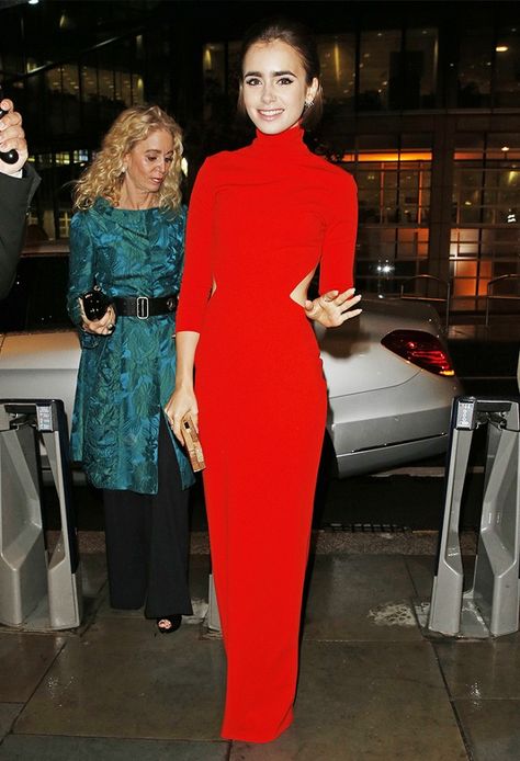 5 Colors That Look Truly Amazing on Brunettes via @WhoWhatWear Lily Collins Style, Formal Parties, Solace London, Winter Inspiration, Best Red Carpet Looks, Red Gown, Red Turtleneck, Brunette Color, Turtleneck Dress