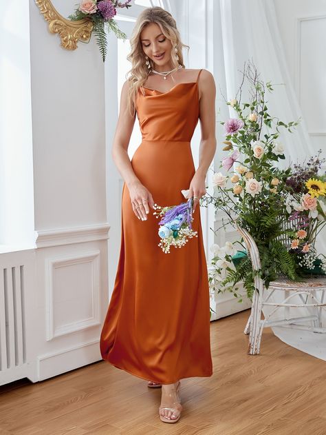 Satin Burnt Orange Bridesmaid Dress, Burnt Orange Satin Bridesmaid Dresses, Orange Satin Bridesmaid Dresses, Burnt Orange Bridesmaid Dress, Bridesmaid Dresses Midi, Orange Silk Dress, Silk Flower Girl Dress, Burnt Orange Bridesmaid Dresses, Casino Wedding