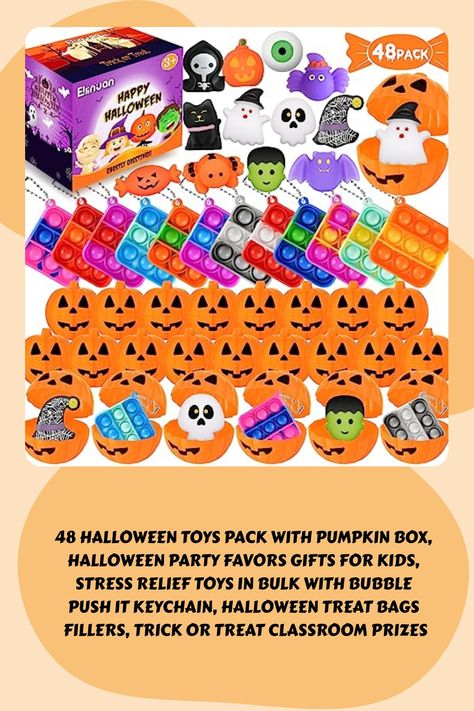 48 Halloween Toys Pack with Pumpkin Box, Halloween Party Favors Gifts for Kids, Stress Relief Toys in Bulk with Bubble Push it Keychain, Halloween Treat Bags Fillers, Trick or Treat Classroom Prizes https://www.amazon.com/Halloween-Pumpkin-Keychain-Fillers-Classroom/dp/B0B2RJ2218?crid=2FIELFHNTXENE&keywords=halloween+BAGS&qid=1696135745&refinements=p_85%3A2470955011&rnid=2470954011&rps=1&sprefix=halloween+bags%2Caps%2C161&sr=8-23&linkCode=ll1&tag=beautifulh03c-20&linkId=a0d86f6e0c021e24cdf82bf0 Classroom Prizes, Halloween Characters, Halloween Toys, Halloween Treat Bags, Push It, Halloween Party Favors, Halloween Treat, Orange Pumpkin, Treat Bags