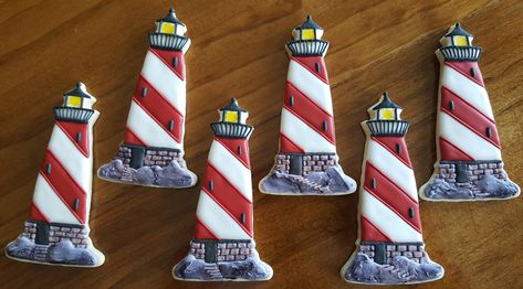 Maine Lighthouse Cookies Lobster Cookies Decorated, Lighthouse Cookies Decorated, Lighthouse Cupcakes, Lighthouse Cookies, Hello Lighthouse, Nantucket Bachelorette, Island Cookies, Sea Cookies, Bachelorette Bags