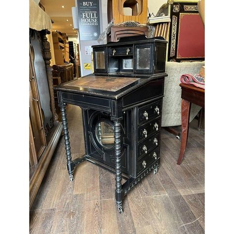 Aesthetic Movement Victorian Davenport Desk. Loads Of Storage. A very unusual design with a top cupboard containing a drawer , 2 mirrored cupboards one for envelopes one for small files, there is a pen well and a circular section for paper clips, the lid lifts up where there is storage area and 2 further drawers, the base has 4 drawers on one side and 4 dummy drawers the other, all with brass drop handles, the whole piece sits elegantly on brass castors. Very strong, all doors and drawers open s Gothic Writing Desk, Mirrored Cupboards, Goth Desk, Davenport Desk, Hg Wells, Victorian Desk, Steampunk Furniture, Time Traveller, Unusual Furniture