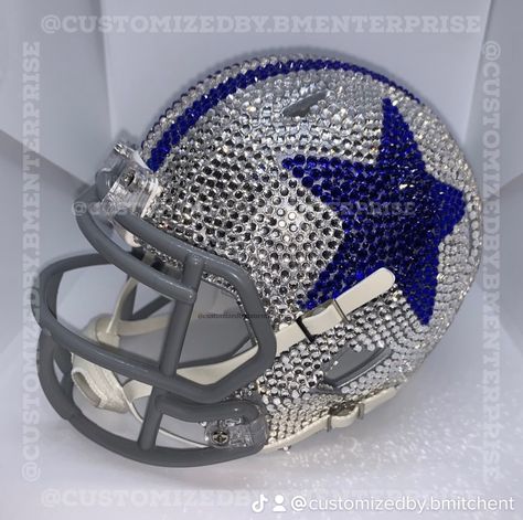 Bling Mini Football Helmet | Each stone is placed individually by hand! This is perfect for any man or woman cave. This is a piece that you want added to your memorabilia collection. #Blingartist #Footballfan #dallascowboys #cowboysfan #cowboysfootball #Footballseason #SportsFan #GiftsforHim #GiftsforHer #ChristmasGifts #BirthdayGiftIdeas #Handmade Mini Football Helmet, Mini Football, Custom Rhinestone, Birthday Gifts For Men, Woman Cave, Cowboys Football, Football Helmet, Dad Day, Mens Birthday Gifts