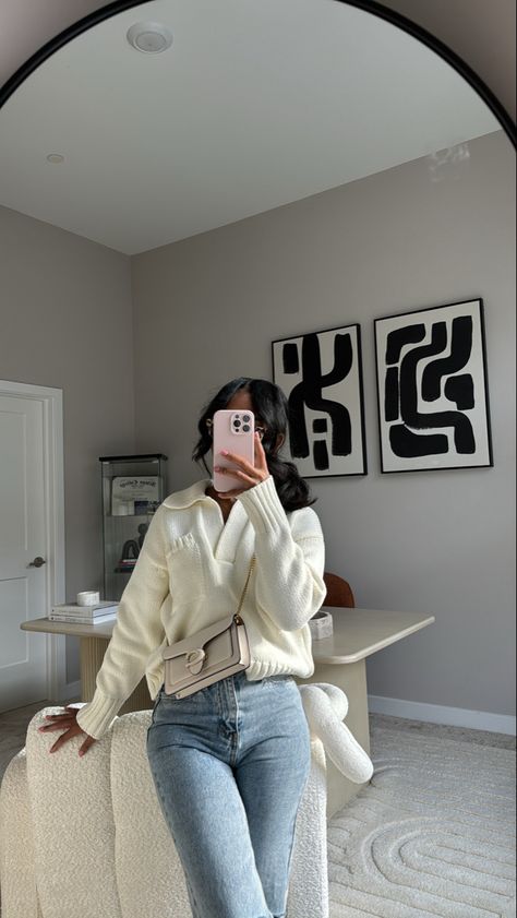 White Sweater Aesthetic, Coach Purse Aesthetic, Sweater Aesthetic Outfit, Cozy White Sweater, Everyday Style Casual, Purse Aesthetic, Dress Skirts, Modesty Outfits, Cute Modest Outfits